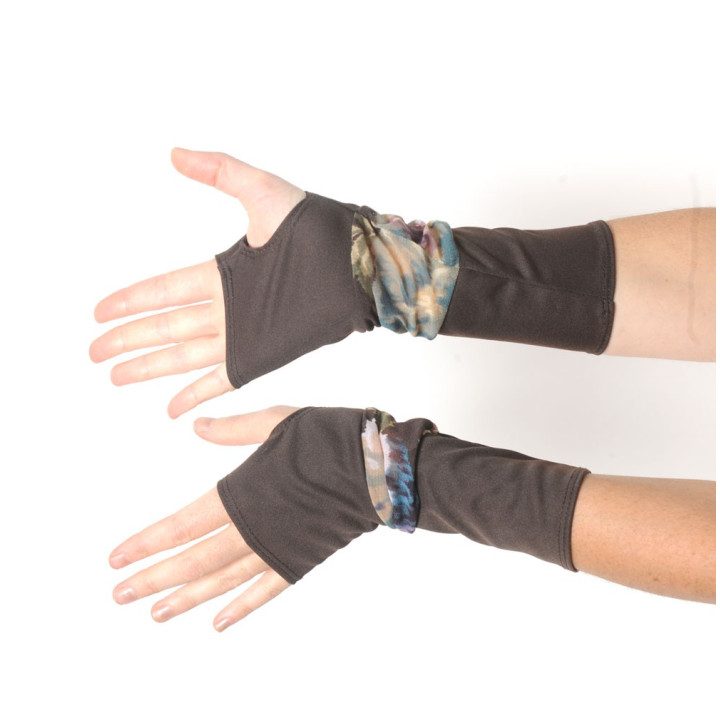 Long stretchy armwarmers in a patchwork of brown jersey and printed mesh