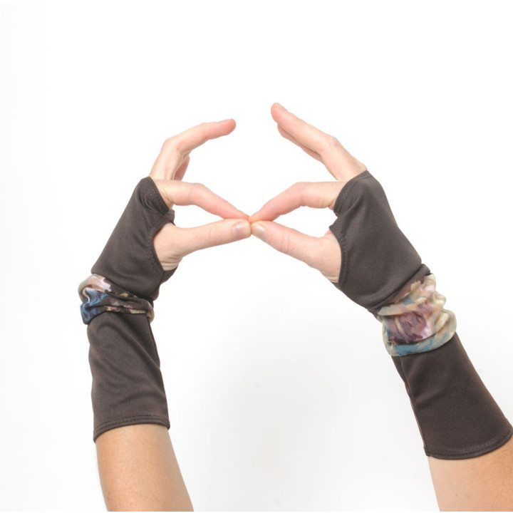 Long stretchy armwarmers in a patchwork of brown jersey and printed mesh