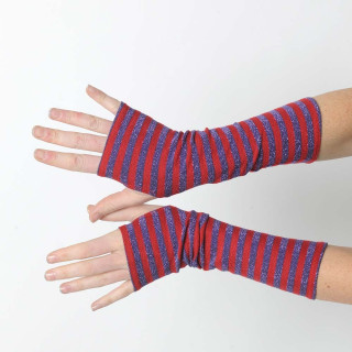 Striped red and glitter purple fingerless gloves
