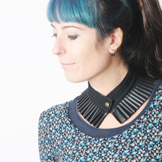 Pleated black choker necklace, cotton and pleather