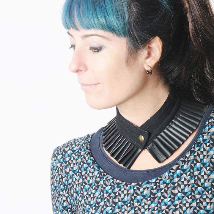 Pleated black choker necklace, cotton and pleather