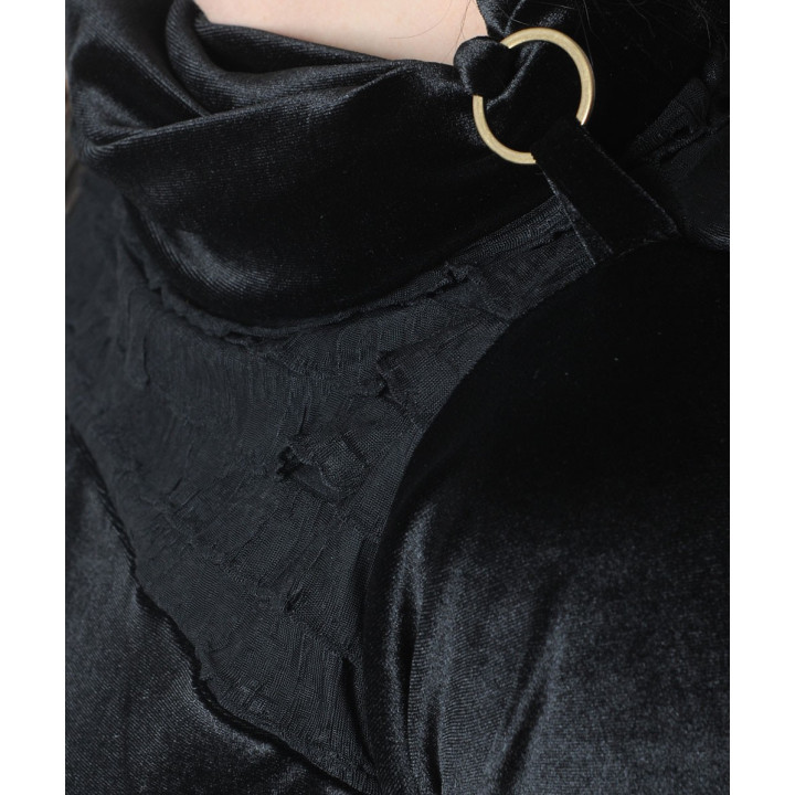 Long black velvet with turtle neck collar and jersey ruffles