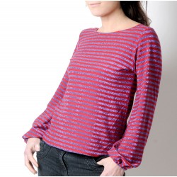 Purple glitter striped sweater with puffy sleeves, red or green
