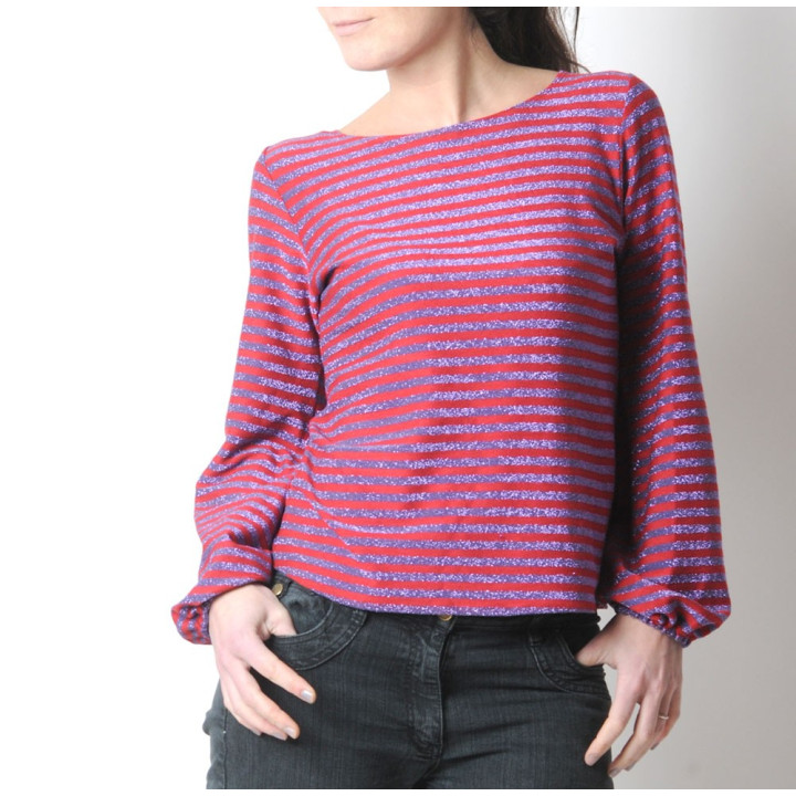 Purple glitter striped sweater with puffy sleeves, red or green