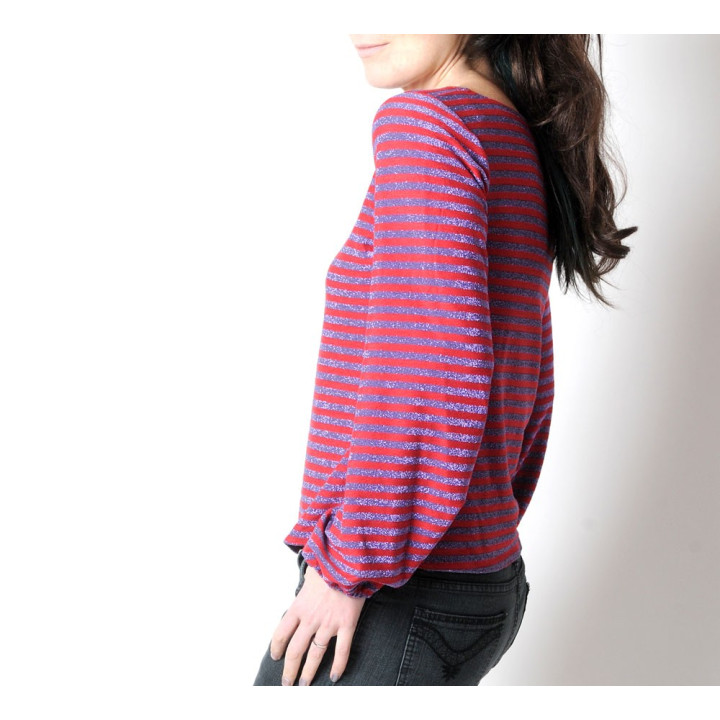 Purple glitter striped sweater with puffy sleeves, red or green