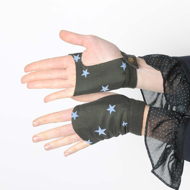 Khaki green fingerless gauntlets with pale blue stars