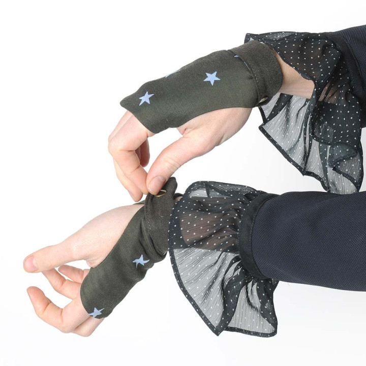 Khaki green fingerless gauntlets with pale blue stars