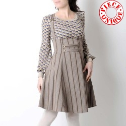 High waisted skirt with suspenders in brown and beige stripes