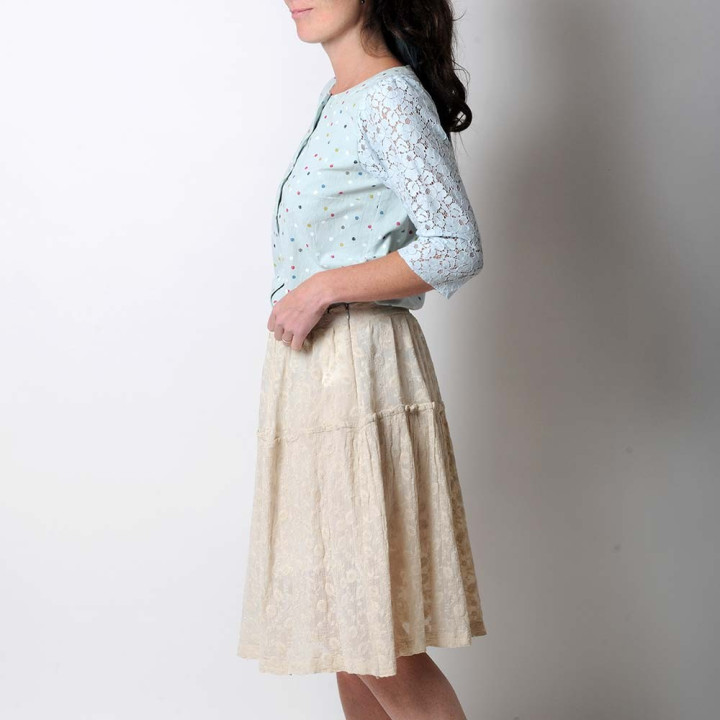 Pale green cotton and blue lace women's shirt with dots