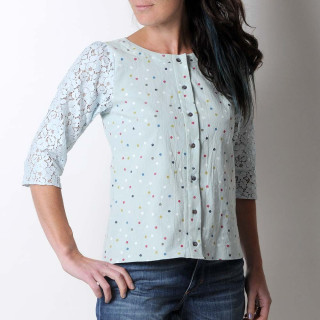 Pale green cotton and blue lace women's shirt with dots