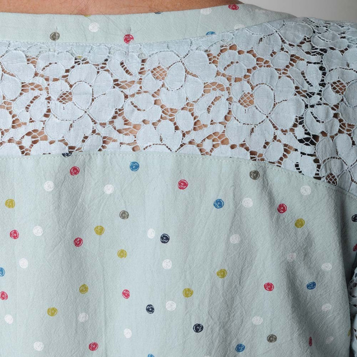 Pale green cotton and blue lace women's shirt with dots