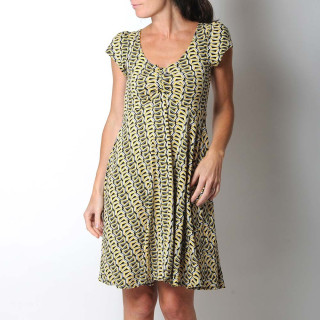 Yellow and black geometric summer dress, pleated neckline