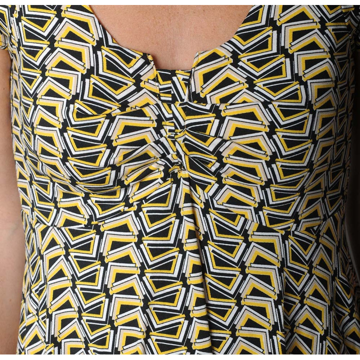 Yellow and black geometric summer dress, pleated neckline