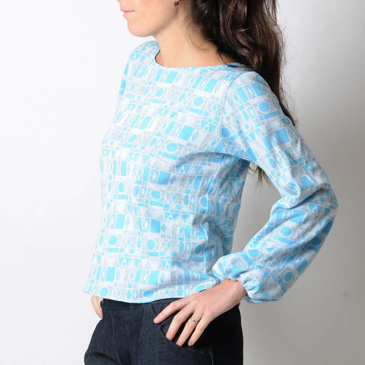 Blue, white and silver sweater with puffy sleeves
