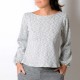 Pale grey, irregular knit sweater with puffy sleeves