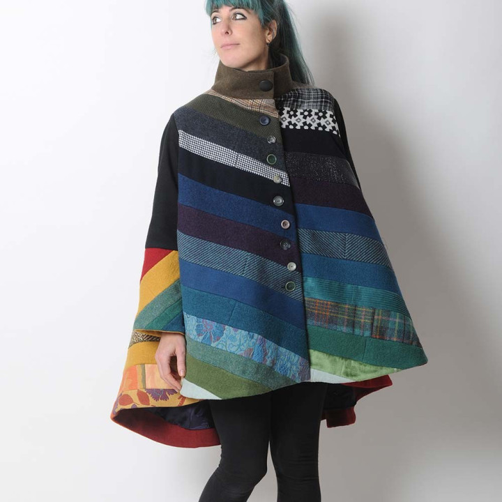 Multicolor high-low hooded Cape with wide sleeves, wool patchwork