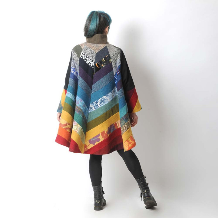 Women’s designer statement coat in wool and velvet, handmade in a unique multicoloured patchwork composition