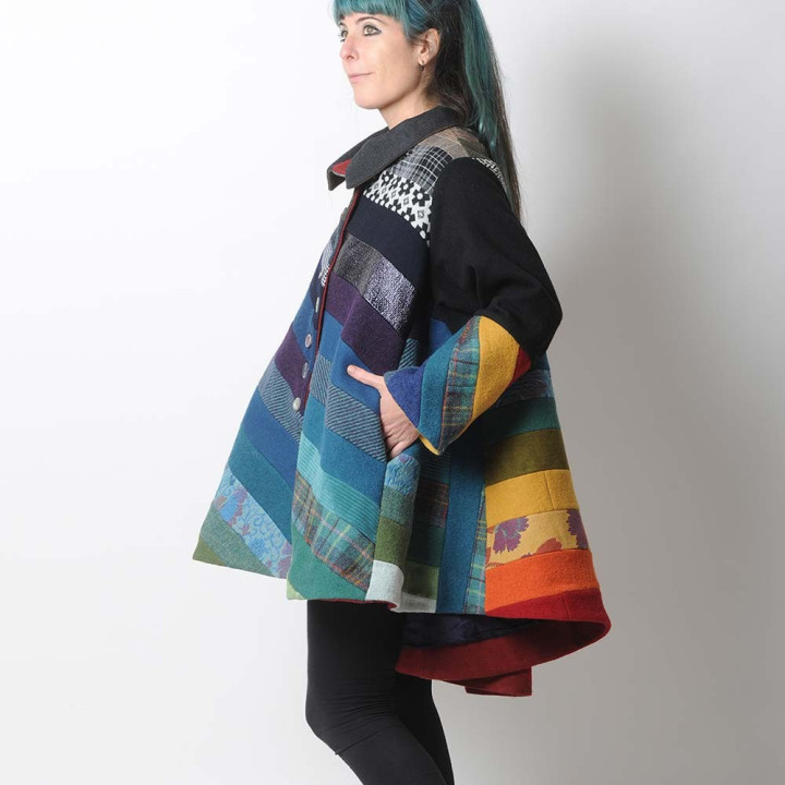 Original women’s wool cape, a handmade French statement piece with layered colours and unique textile details.