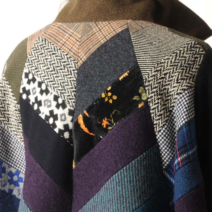 Multicolor high-low hooded Cape with wide sleeves, wool patchwork
