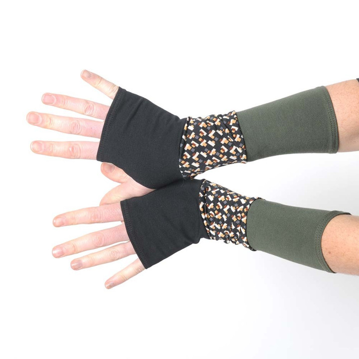 Mitaines noires fabriquée en France, kaki, moutarde en patchwork de jersey
