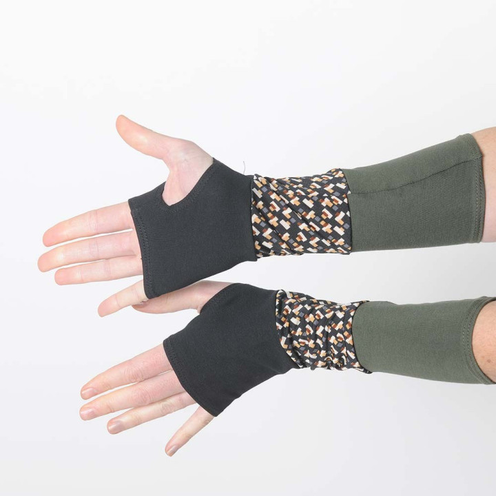 Black, khaki and yellow armwarmers in a patchwork of jersey