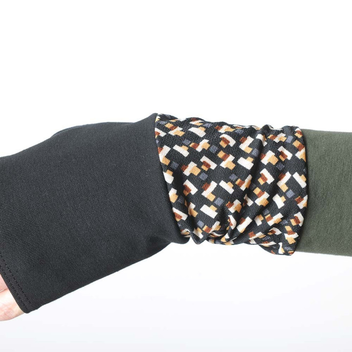 Black, khaki and yellow armwarmers in a patchwork of jersey