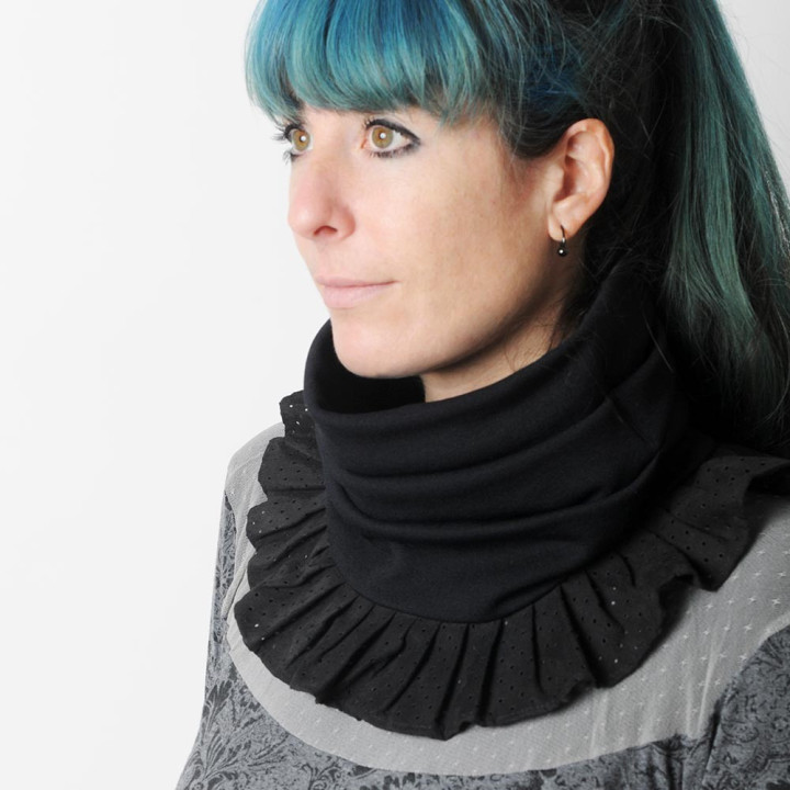 Black stretchy pleated snood with perforated faux suede ruffles
