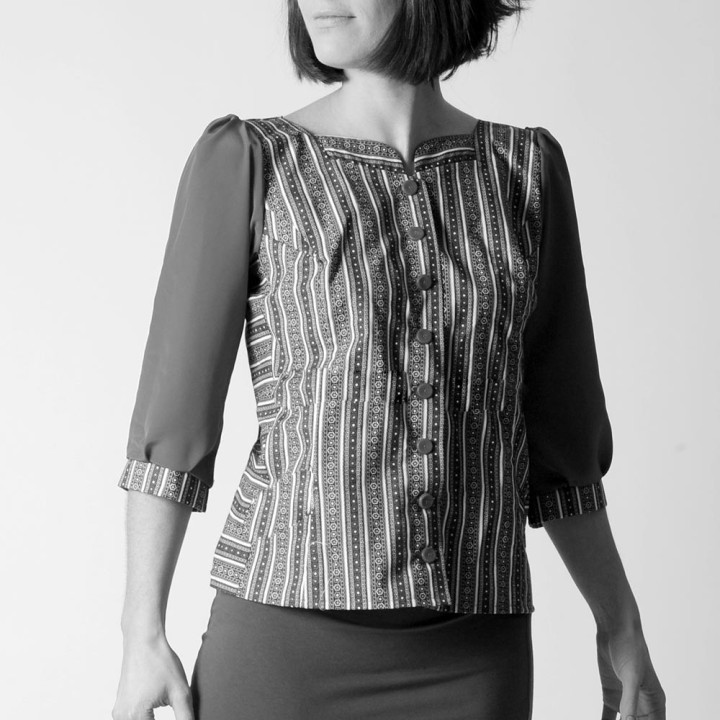 Womens shirt with small collar and 3/4 length sleeves - CUSTOM HANDMADE