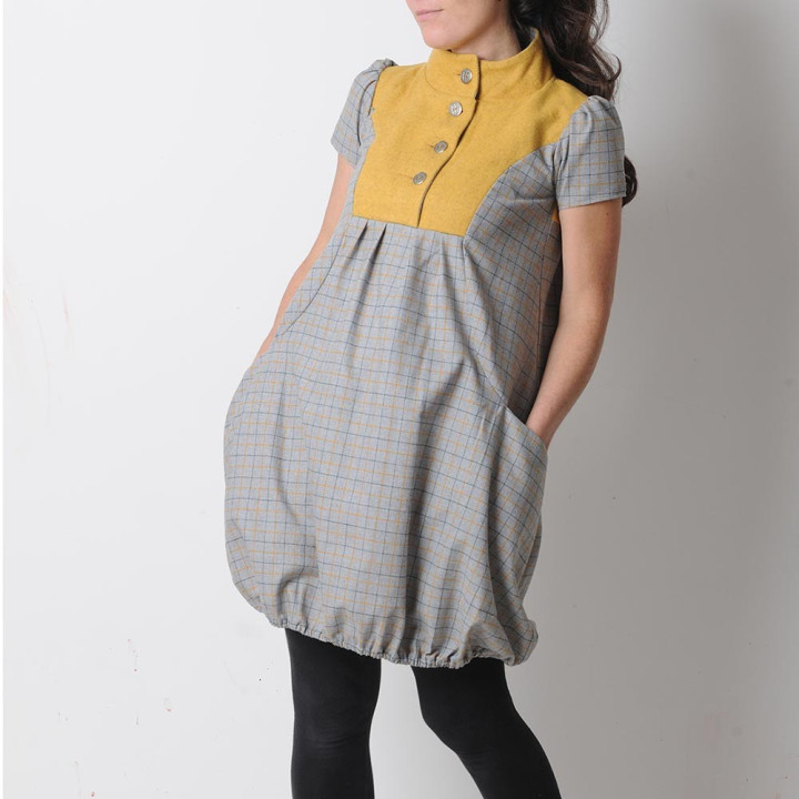 Grey and yellow short-sleeved wool bubble dress