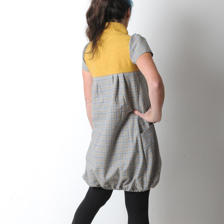 Robe fabriqué en France créateur femme boule grise et jaune, lainage vintage à carreaux, manches courtes