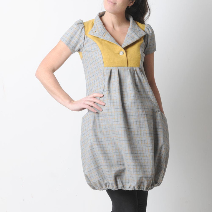 Grey and yellow short-sleeved wool bubble dress