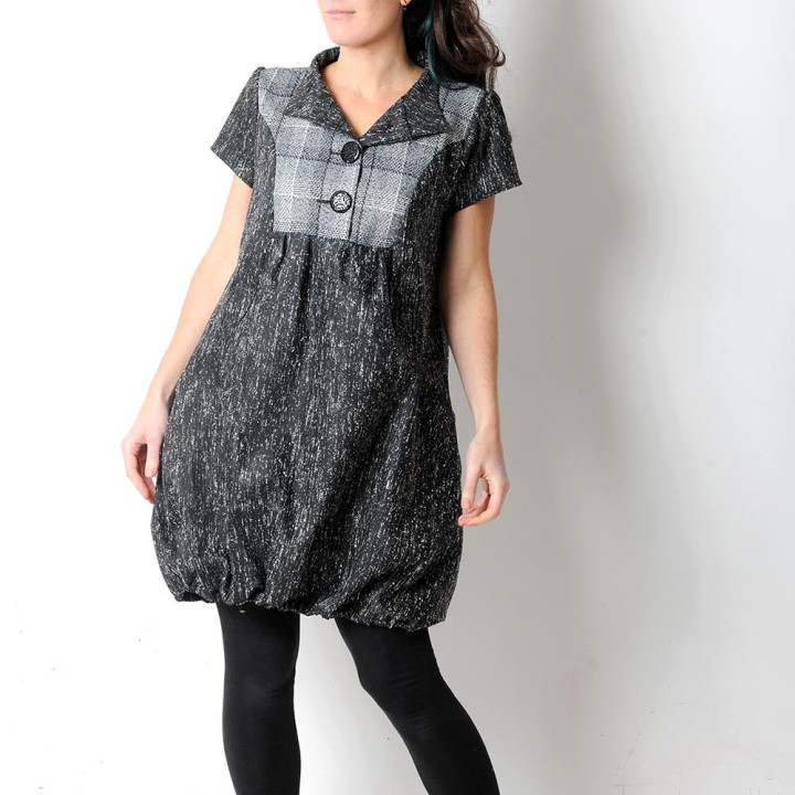 Black and white, denim and wool short-sleeved bubble dress