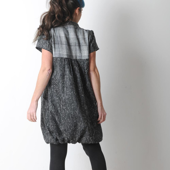 Black and white, denim and wool short-sleeved bubble dress