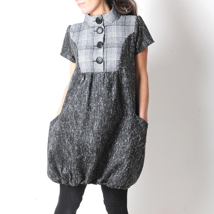 Black and white, denim and wool short-sleeved bubble dress