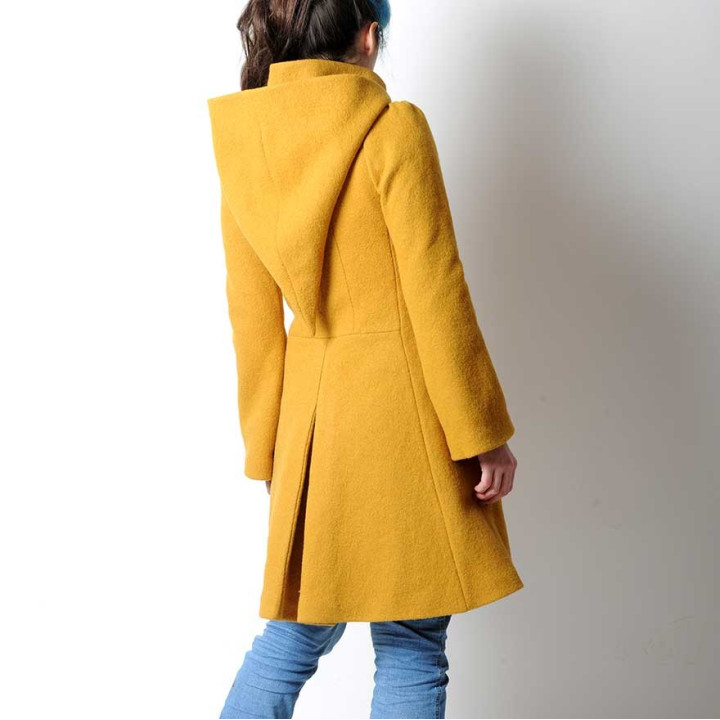 Mustard yellow winter Pixie coat with Goblin Hood in virgin wool