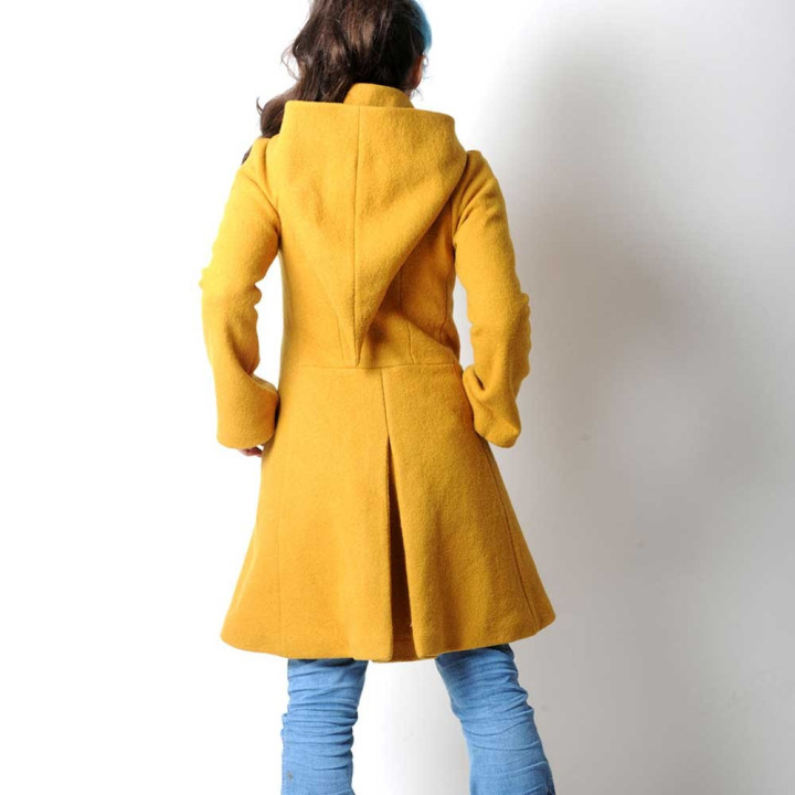 Mustard yellow winter Pixie coat with Goblin Hood in virgin wool