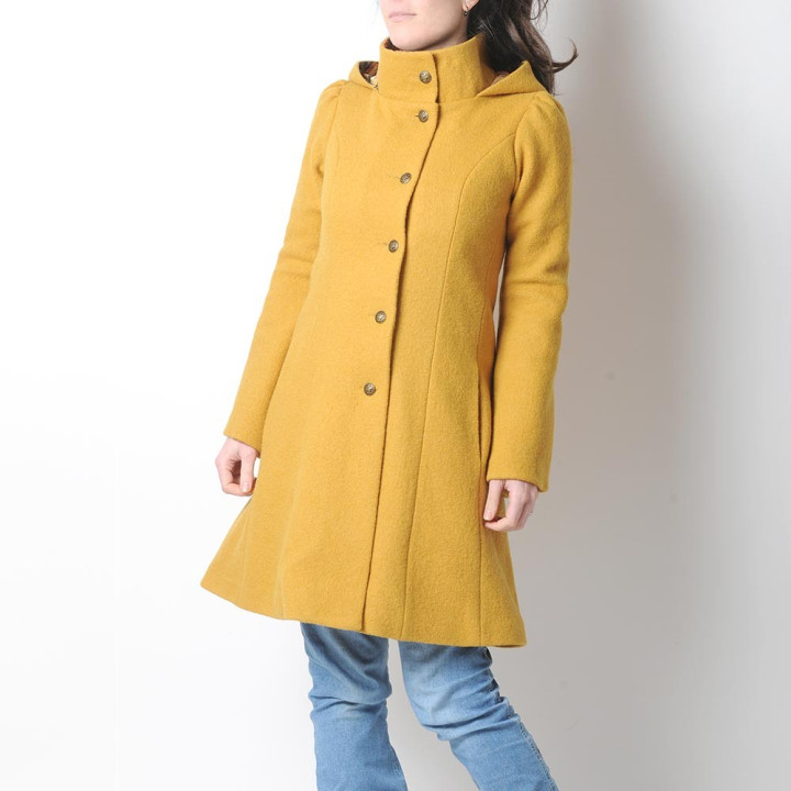 Mustard yellow winter Pixie coat with Goblin Hood in virgin wool