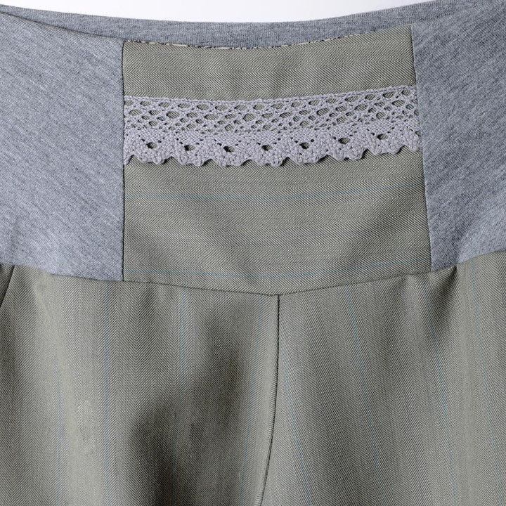 fabrication artisanale Pantalon femme 4/5, vert et gris clair, ceinture extensible