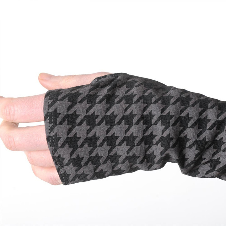 Black and grey houndstooth fingerless gloves