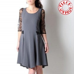 Grey and black lace-sleeved dress