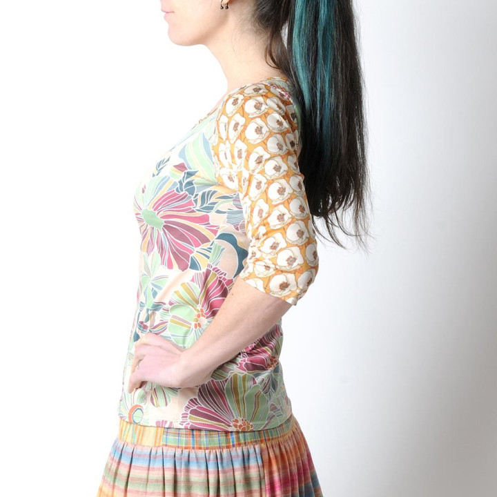 Pastel floral top, mid-length sleeves
