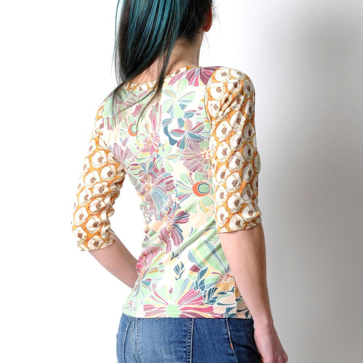 Pastel floral top, mid-length sleeves