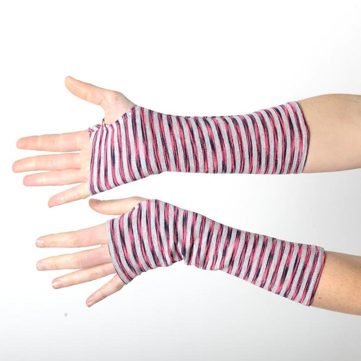 Striped grey and pink cotton fingerless gloves