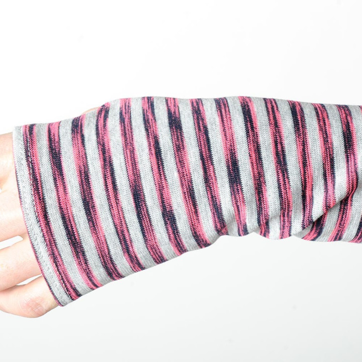 Striped grey and pink cotton fingerless gloves