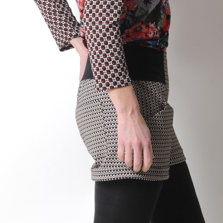 Womens shorts with small black, red, beige pattern