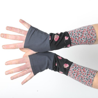 Black and grey floral armwarmers in a patchwork of jersey