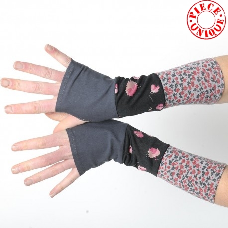 Black and grey floral armwarmers in a patchwork of jersey