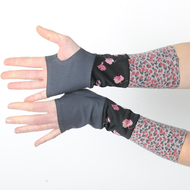 Black and grey floral armwarmers in a patchwork of jersey