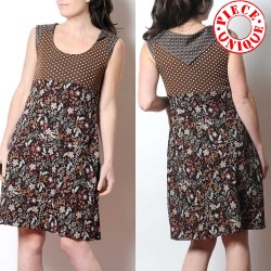 Brown sleeveless dress, dots and flowers, with pointy collar at back