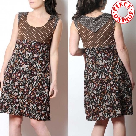 Brown sleeveless dress, dots and flowers, with pointy collar at back